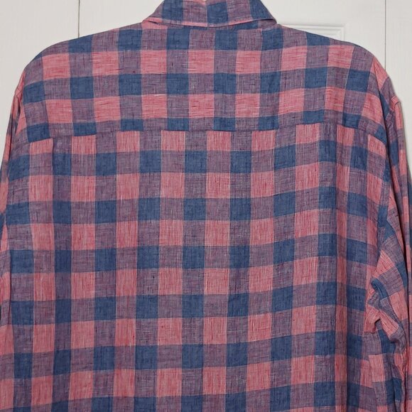 Robert Barakett Mens Longsleeve Plaid Linen‎ Button-Up Shirt Blue/Salmon L - Picture 6 of 13